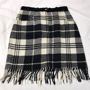 Vtg Italian The Express Wool Plaid Fringe Mini Skirt 7/8 Black White 90s Grunge
